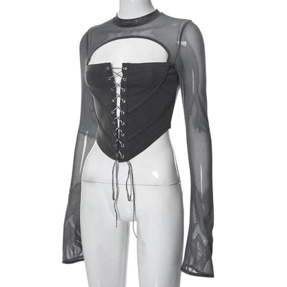 Lace up flared sleeve crewneck corset hollow out backless top