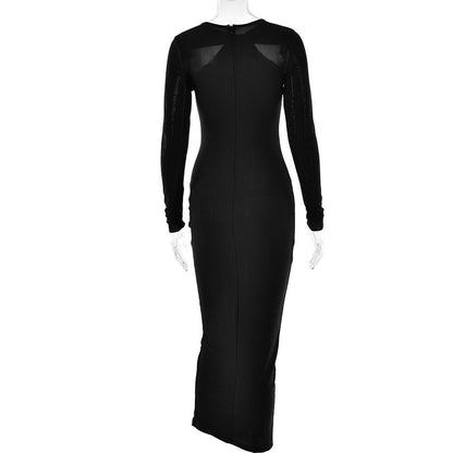 Long sleeve beaded zip-up hollow out patchwork maxi dress