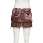 Mesh patchwork flower print contrast low rise lace hem mini skirt