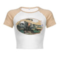 Stitch patchwork abstract contrast crewneck short sleeve crop top