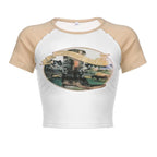 Stitch patchwork abstract contrast crewneck short sleeve crop top
