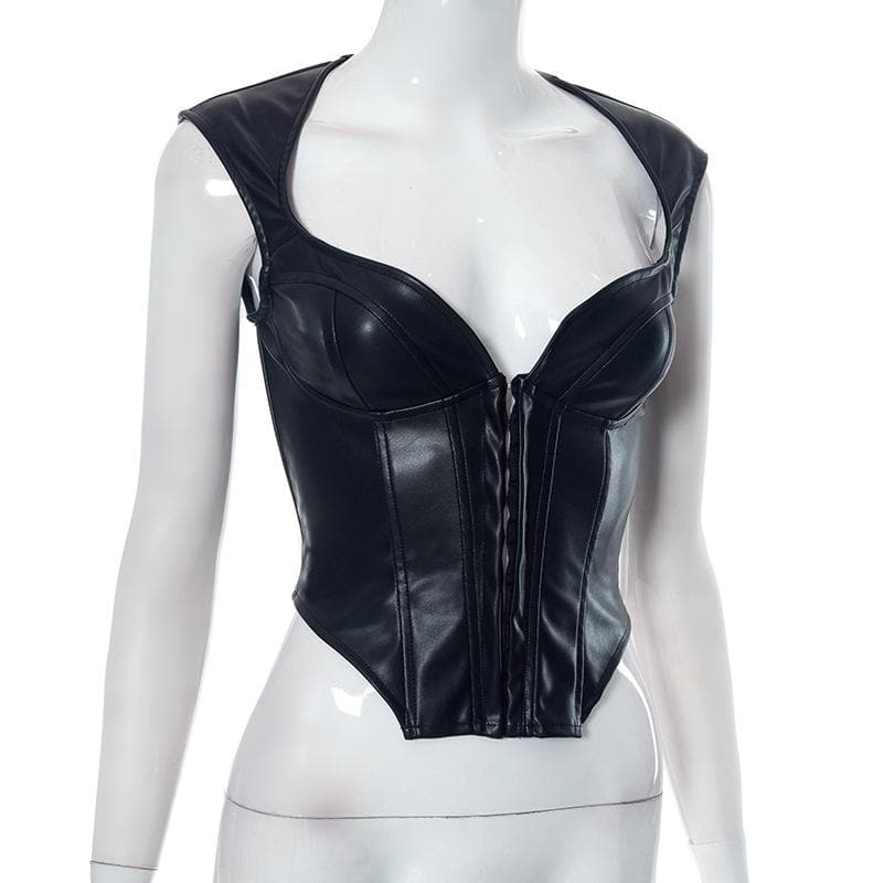Top scollato con maniche a cappuccio e bottoni in pelle PU solida 