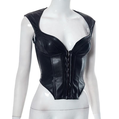 Top scollato con maniche a cappuccio e bottoni in pelle PU solida 