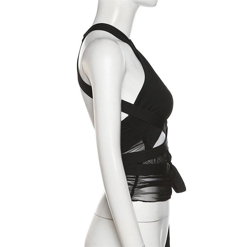 Sleeveless solid hollow out cross front mesh crop top