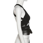 Sleeveless solid hollow out cross front mesh crop top