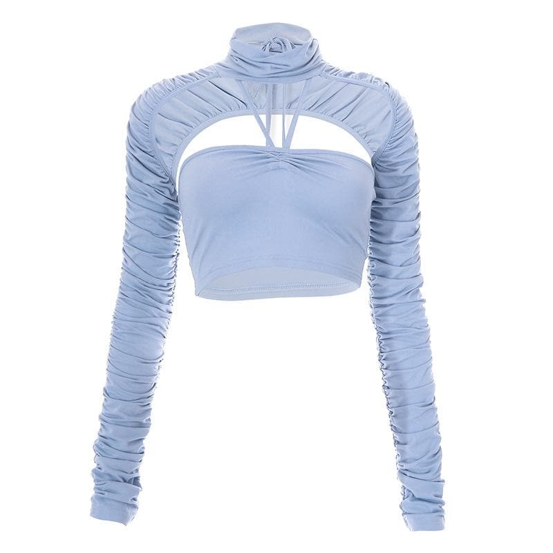Top corto in due pezzi con collo alto, maniche lunghe e arricciate 