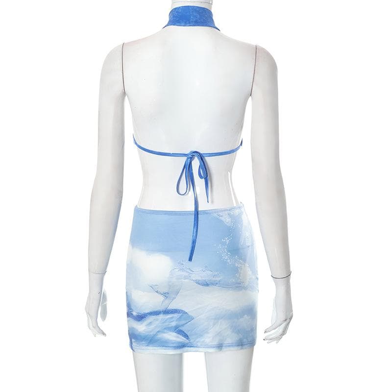 Star pattern halter backless button self tie contrast mini skirt set