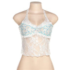 Lace ruffled see through flower low cut backless halter top