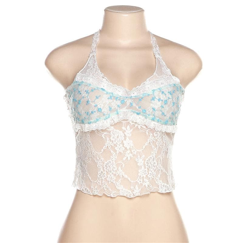 Lace ruffled see through flower low cut backless halter top