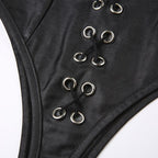 Metal chain lace up mesh low cut backless bodysuit