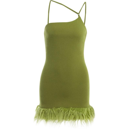 Solid irregular feather patchwork backless mini dress
