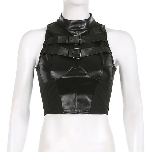 Ärmelloses Crop-Top aus PU-Leder mit Patchwork-Knopf und Schnalle