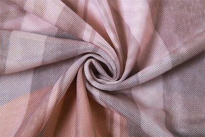 Sheer mesh see through abstract print contrast long sleeve maxi skirt set