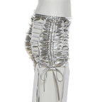 Ruched drawstring hollow out metallic self tie solid mini skirt - Final Sale