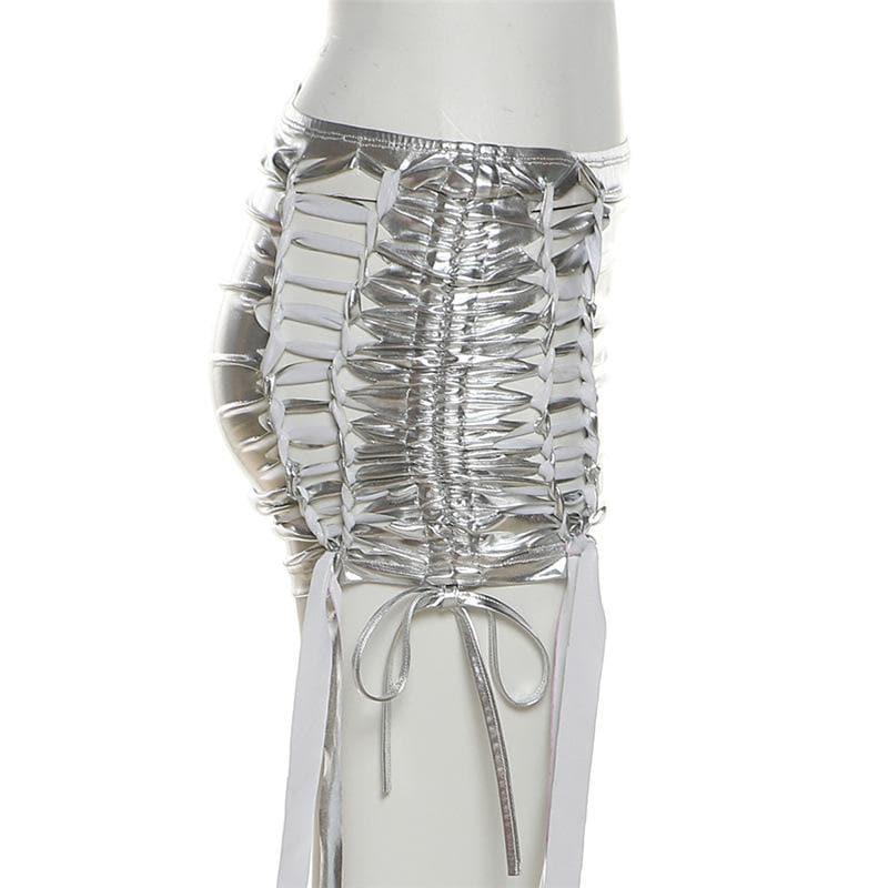 Ruched drawstring hollow out metallic self tie solid mini skirt - Final Sale
