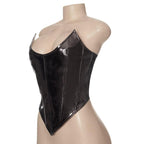 Corsetto in pelle PU con scollatura a U, top a tubino senza schienale e lacci 