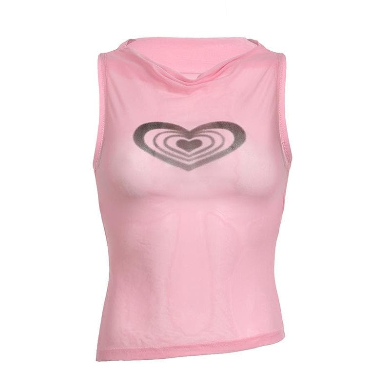 Sheer mesh see through cowl neck sleeveless heart pattern top