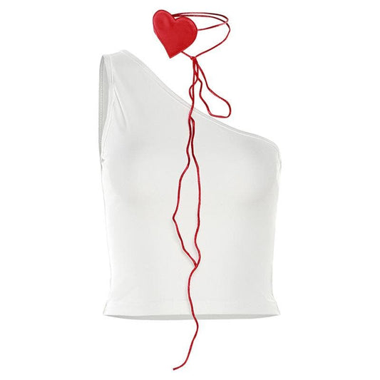 Top corto senza maniche con applicazione a cuore irregolare e monospalla 