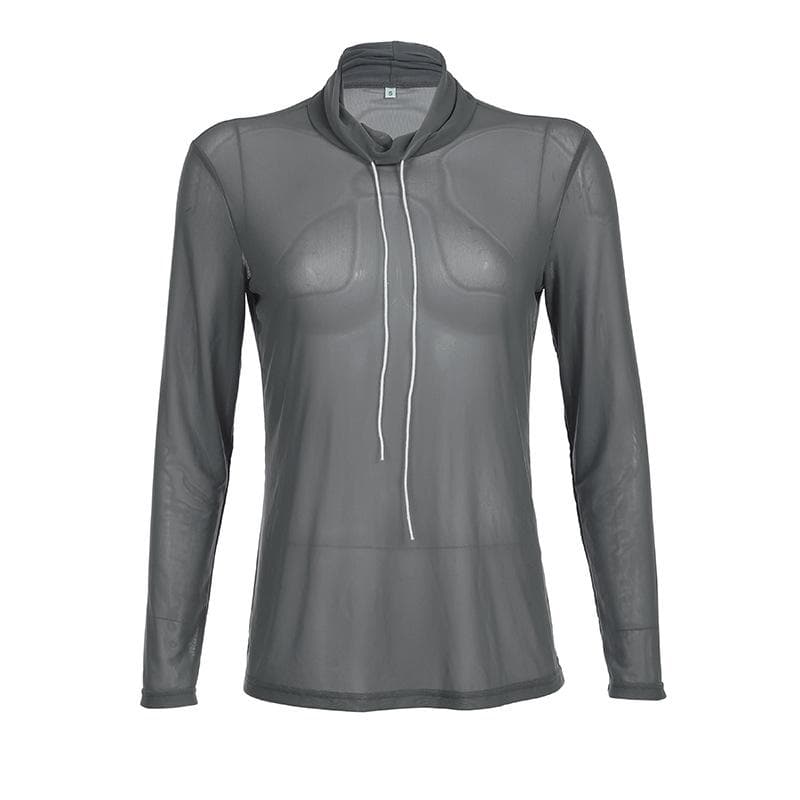 Top a collo alto con maniche lunghe e rete trasparente 