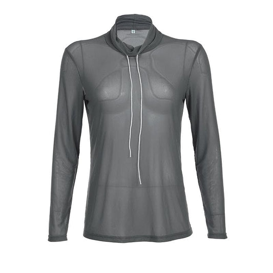 Top a collo alto con maniche lunghe e rete trasparente 