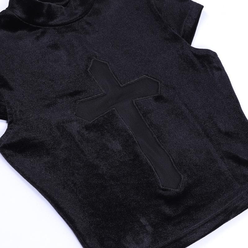Cap sleeve mesh cross pattern velvet high neck solid top