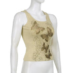 Ribbed butterfly pattern sleeveless contrast beaded crop top