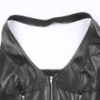 PU leather halter v neck zip-up solid backless crop top - Final Sale