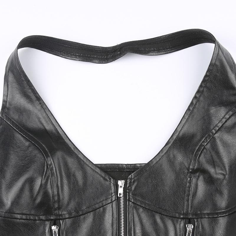 PU leather halter v neck zip-up solid backless crop top - Final Sale