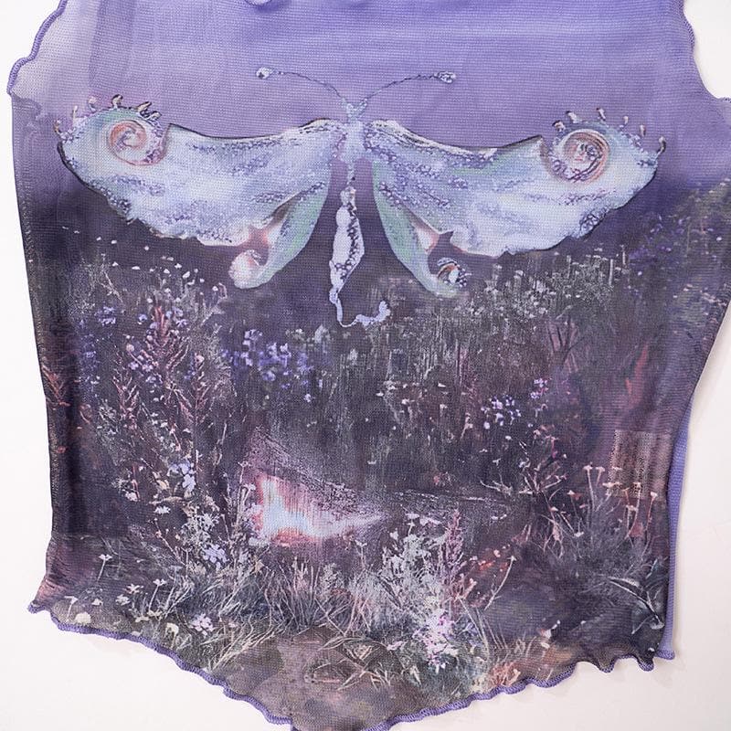 Sheer mesh see through abstract print ruffle sleeveless crop top