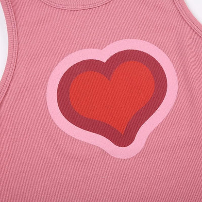 Sleeveless crewneck ribbed heart pattern contrast top