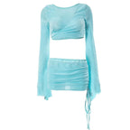 Textured self tie flared sleeve drawstring v neck mini skirt set