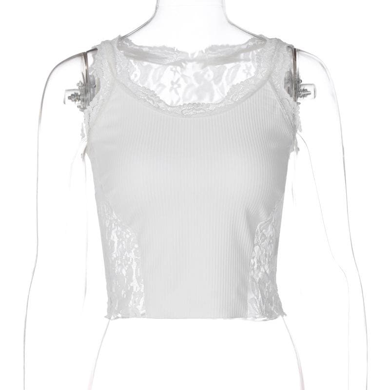 Top corto in pizzo senza maniche con scollo a U e patchwork in tinta unita 
