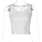 Top corto in pizzo senza maniche con scollo a U e patchwork in tinta unita 