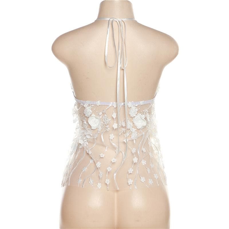 Embroidery v neck self tie halter solid backless top