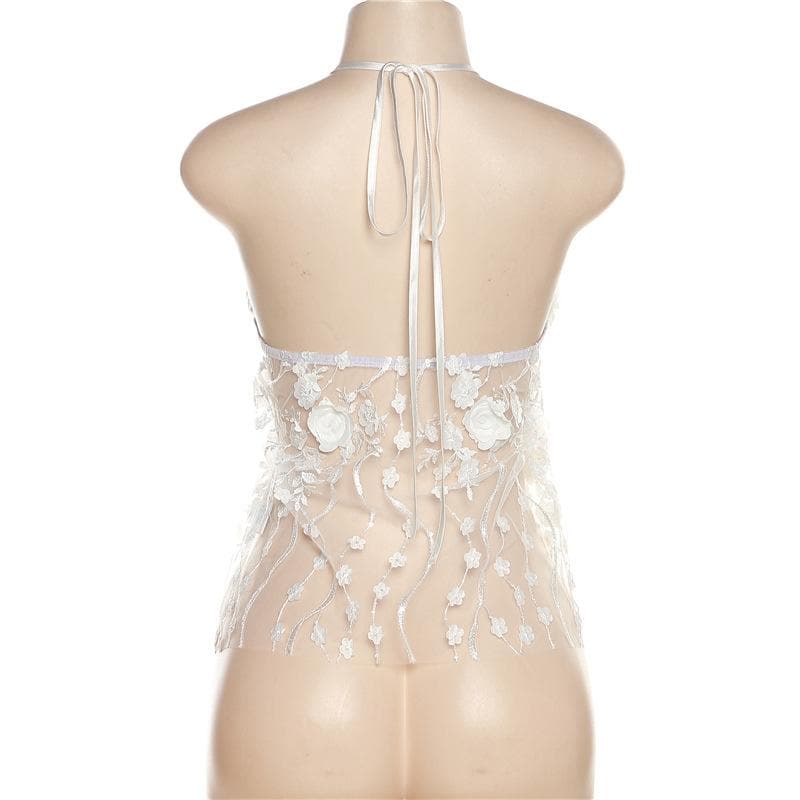 Embroidery v neck self tie halter solid backless top