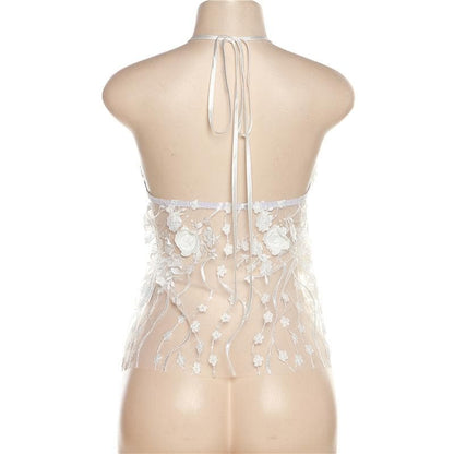 Embroidery v neck self tie halter solid backless top