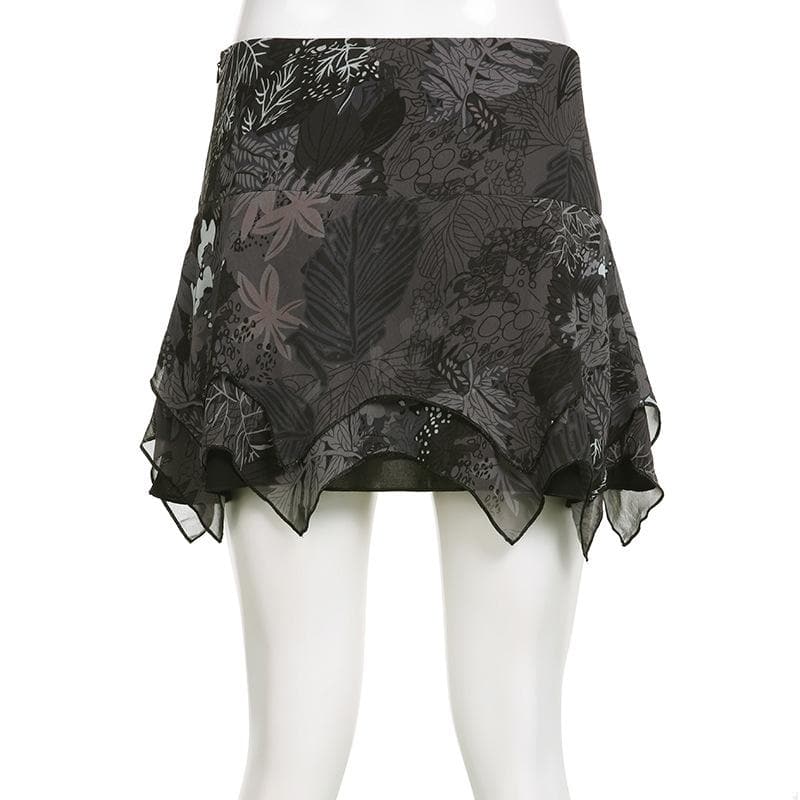 Chiffon zip-up irregular leaf print contrast mini skirt
