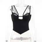 Mesh solid patchwork backless hollow out crop top