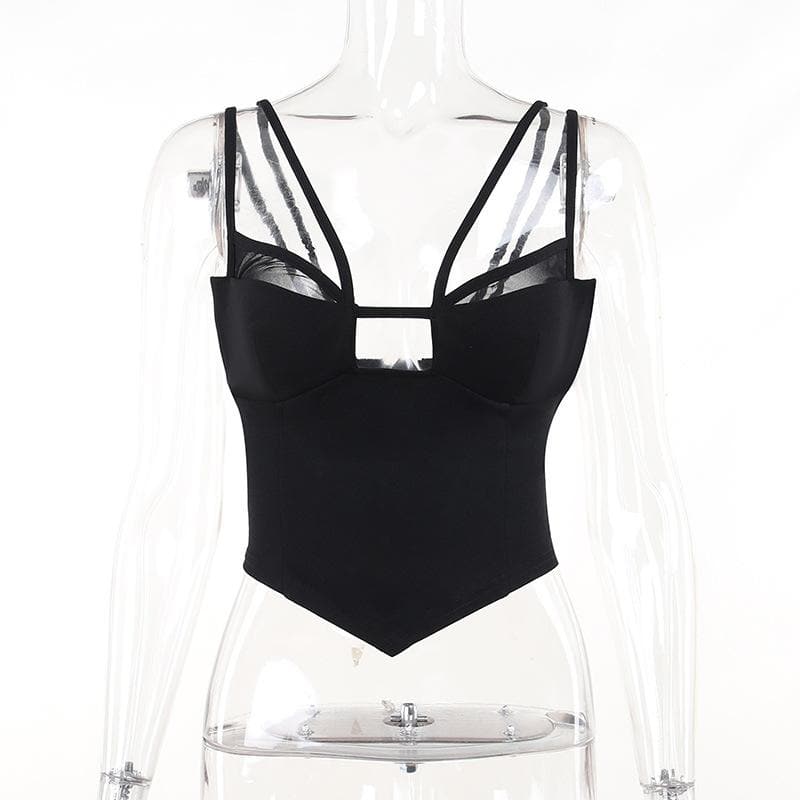 Mesh solid patchwork backless hollow out crop top