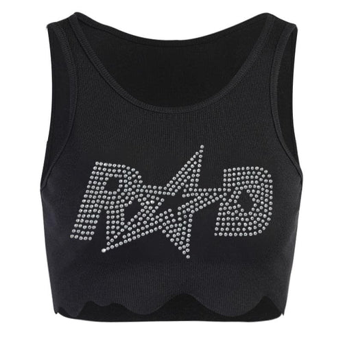 Ärmelloses Crop-Top mit Rundhalsausschnitt und unregelmäßiger Perlenstickerei
