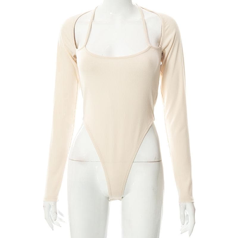 Body a maniche lunghe con scollo all'americana e coste unite 