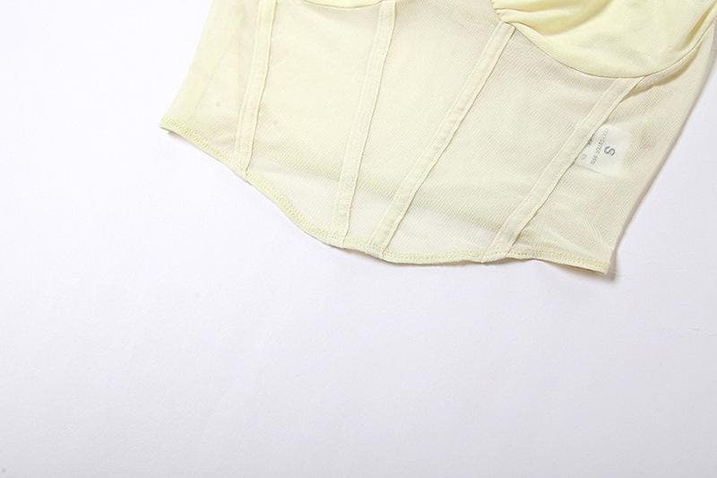 Halter self tie mesh backless ruched corset solid crop top