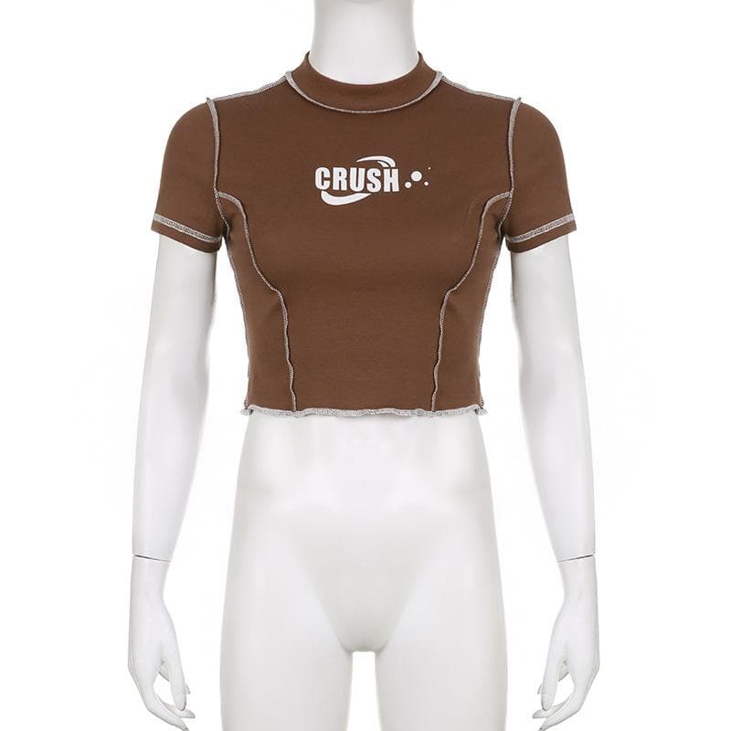 Stitch contrast short sleeve "CRUSH" pattern ruffle crop top