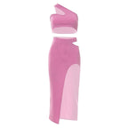 Ribbed solid one shoulder hollow out slit irregular midi dress
