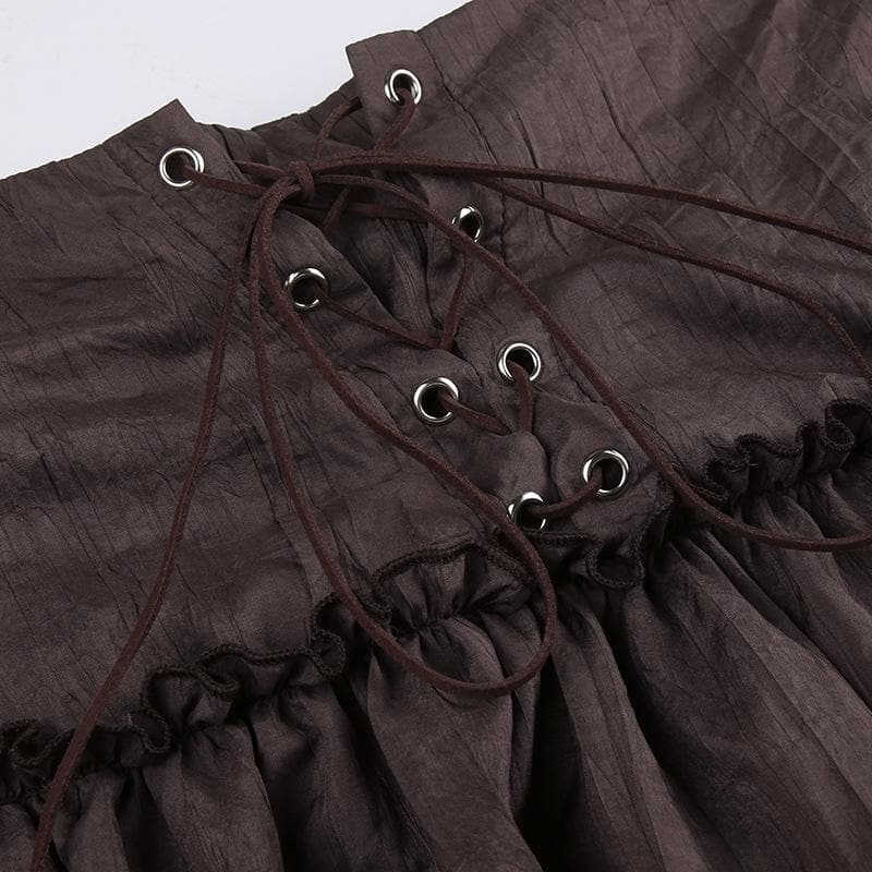Ruffle lace up ruched self tie solid A line mini skirt