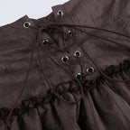 Ruffle lace up ruched self tie solid A line mini skirt