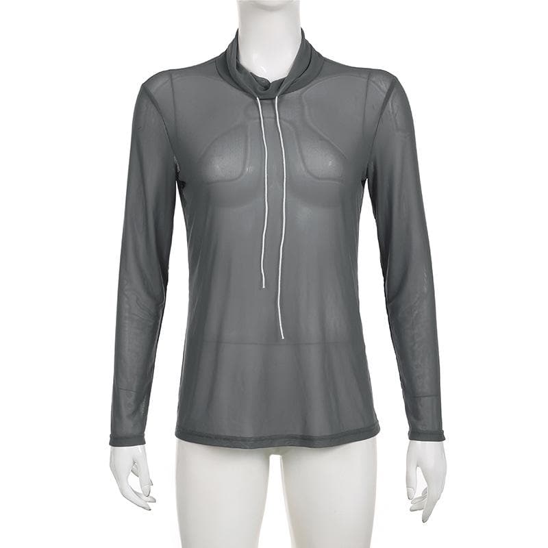 Top a collo alto con maniche lunghe e rete trasparente 