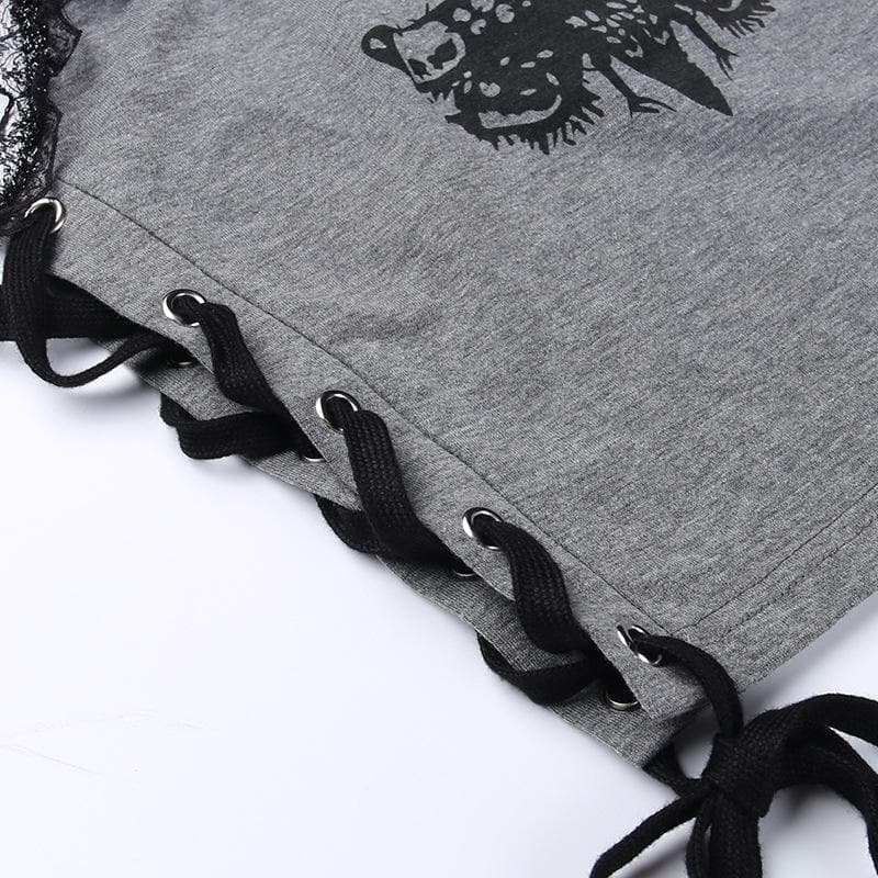 Lace hem backless lace up butterfly pattern contrast crop top