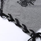 Lace hem backless lace up butterfly pattern contrast crop top