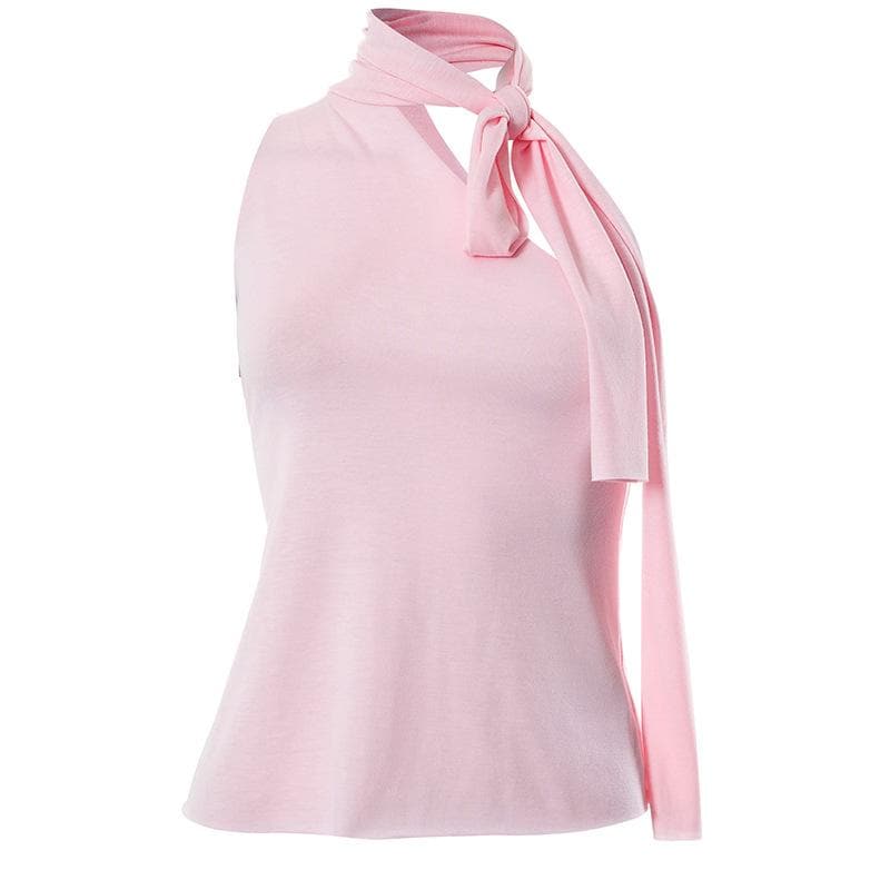 Irregular self tie one shoulder solid sleeveless top
